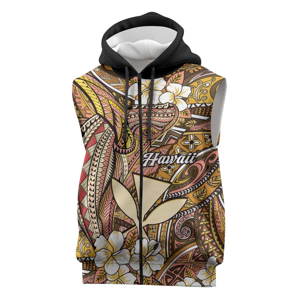 Personalised Hawaii Tribal Humpback Whale Sleeveless Zip Hoodie Melemele Hibiscus Seamless Pattern