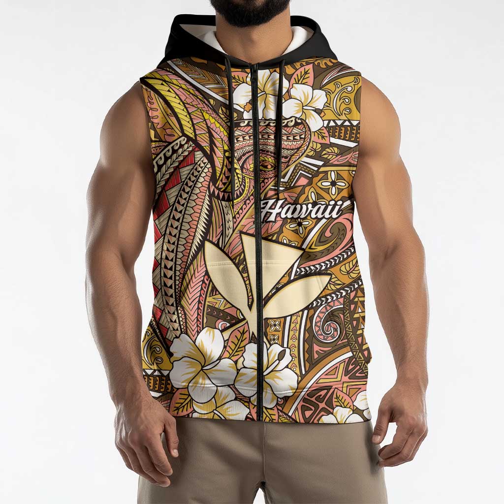 Personalised Hawaii Tribal Humpback Whale Sleeveless Zip Hoodie Melemele Hibiscus Seamless Pattern