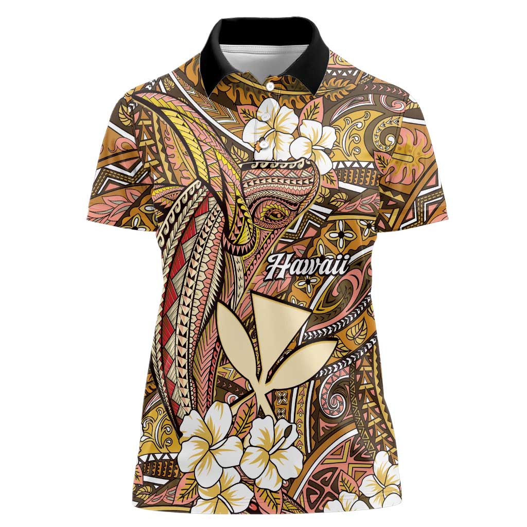 Personalised Hawaii Tribal Humpback Whale Women Polo Shirt Melemele Hibiscus Seamless Pattern