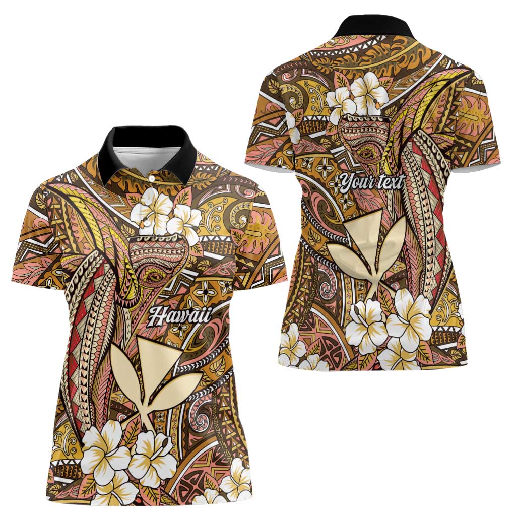 Personalised Hawaii Tribal Humpback Whale Women Polo Shirt Melemele Hibiscus Seamless Pattern