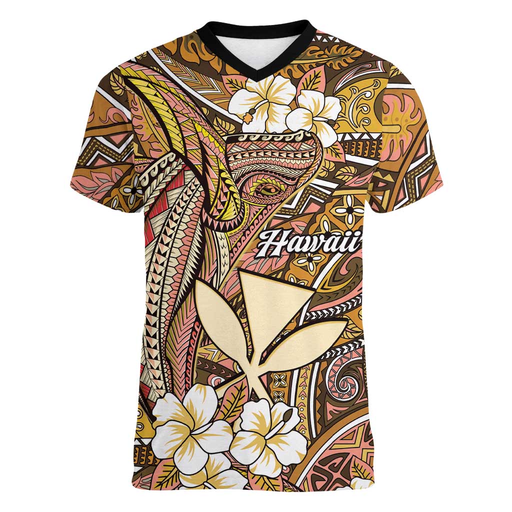 Personalised Hawaii Tribal Humpback Whale Women V-Neck T-Shirt Melemele Hibiscus Seamless Pattern