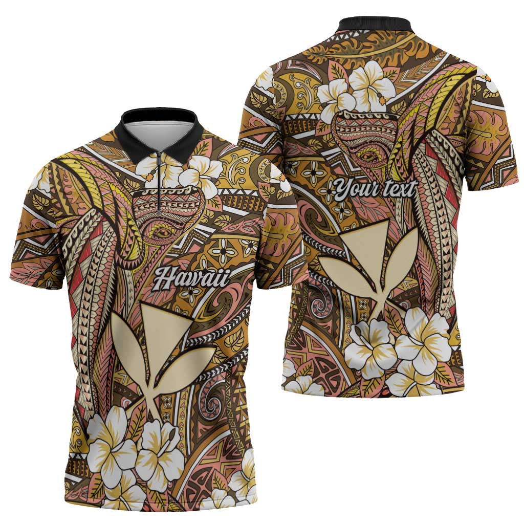 Personalised Hawaii Tribal Humpback Whale Zipper Polo Shirt Melemele Hibiscus Seamless Pattern