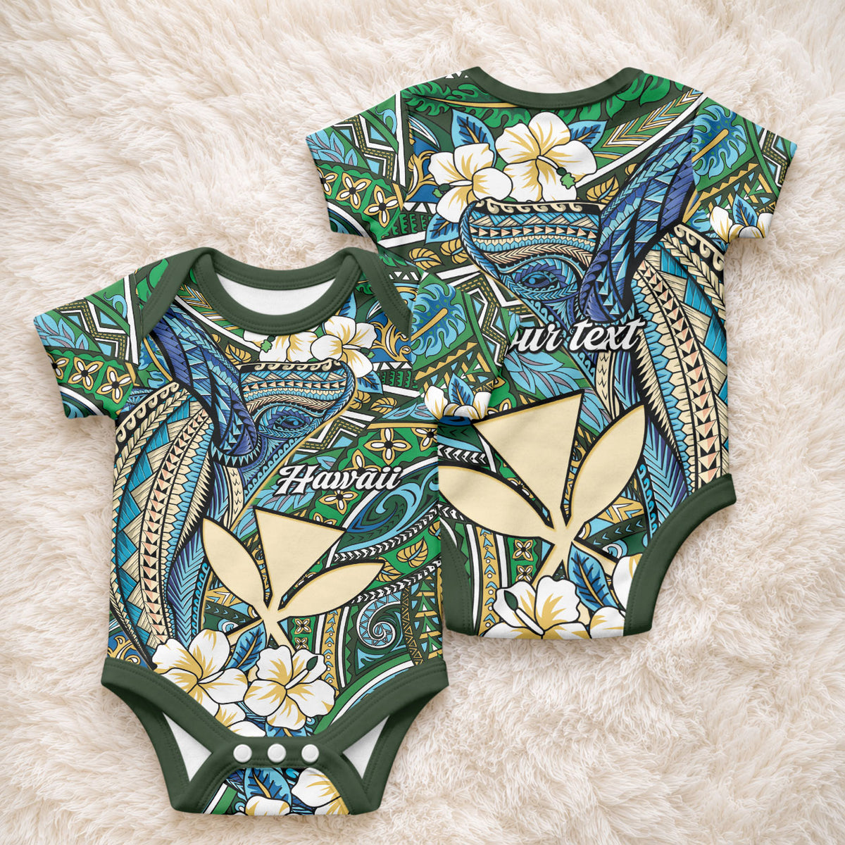 Personalised Hawaii Tribal Humpback Whale Baby Onesie Omaomao Hibiscus Seamless Pattern LT9 - Polynesian Pride