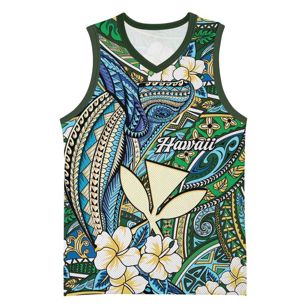 Personalised Hawaii Tribal Humpback Whale Basketball Jersey Omaomao Hibiscus Seamless Pattern