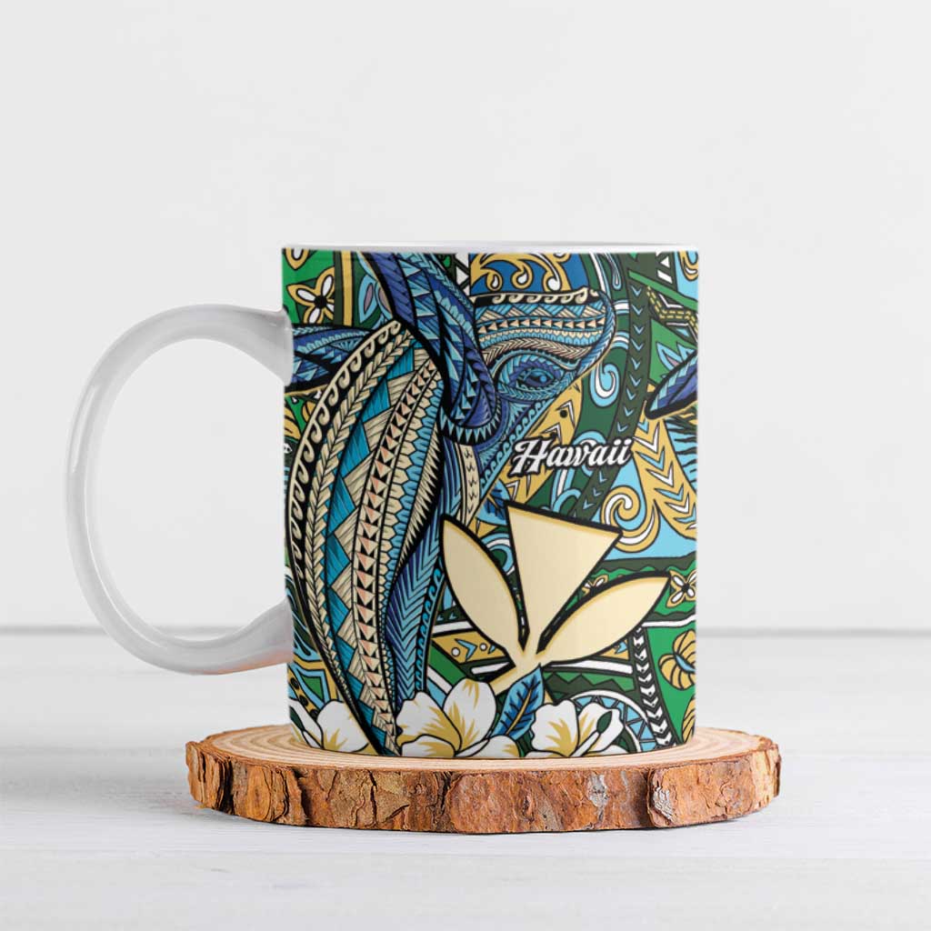 Personalised Hawaii Tribal Humpback Whale Ceramic Mug Omaomao Hibiscus Seamless Pattern
