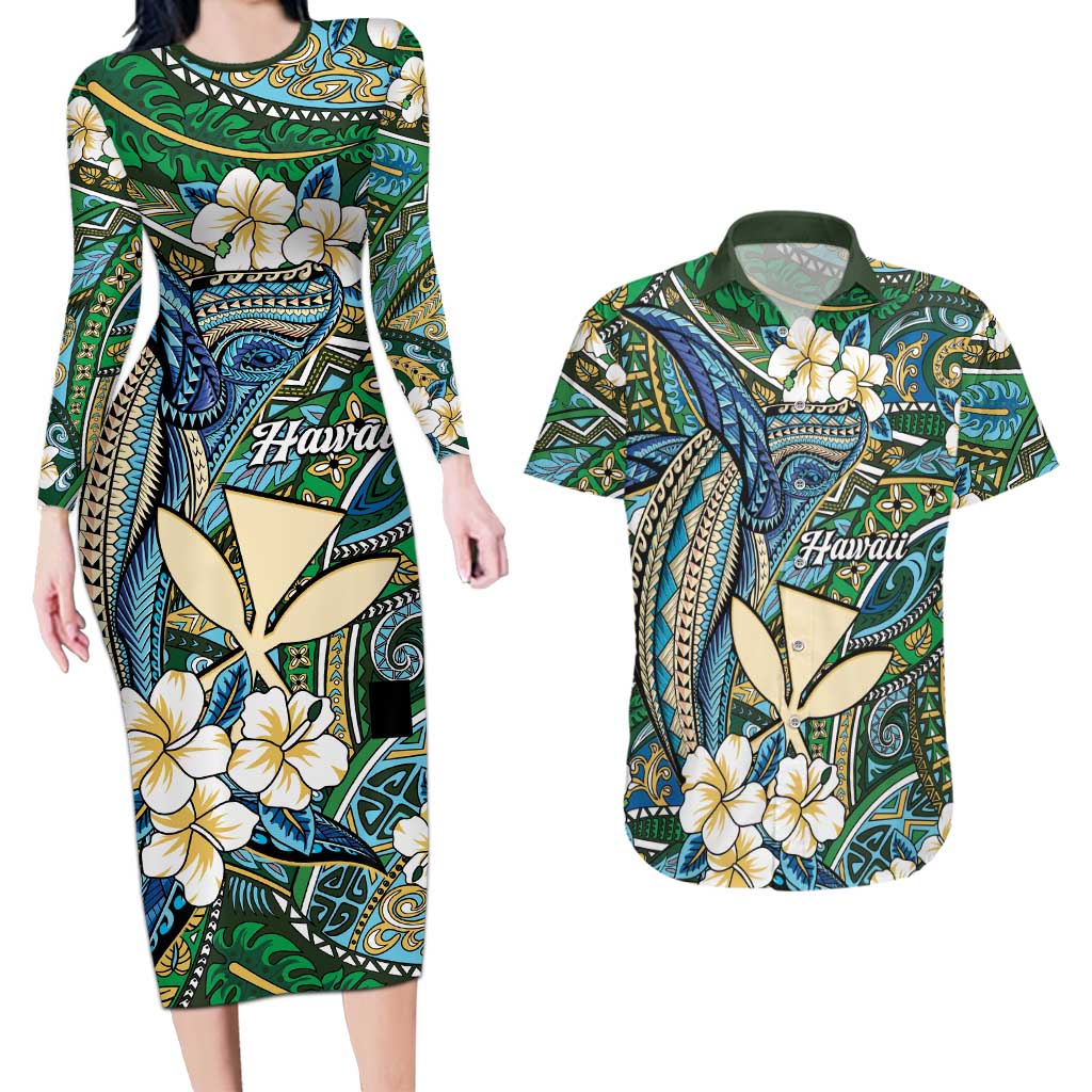 Personalised Hawaii Tribal Humpback Whale Couples Matching Long Sleeve Bodycon Dress and Hawaiian Shirt Omaomao Hibiscus Seamless Pattern