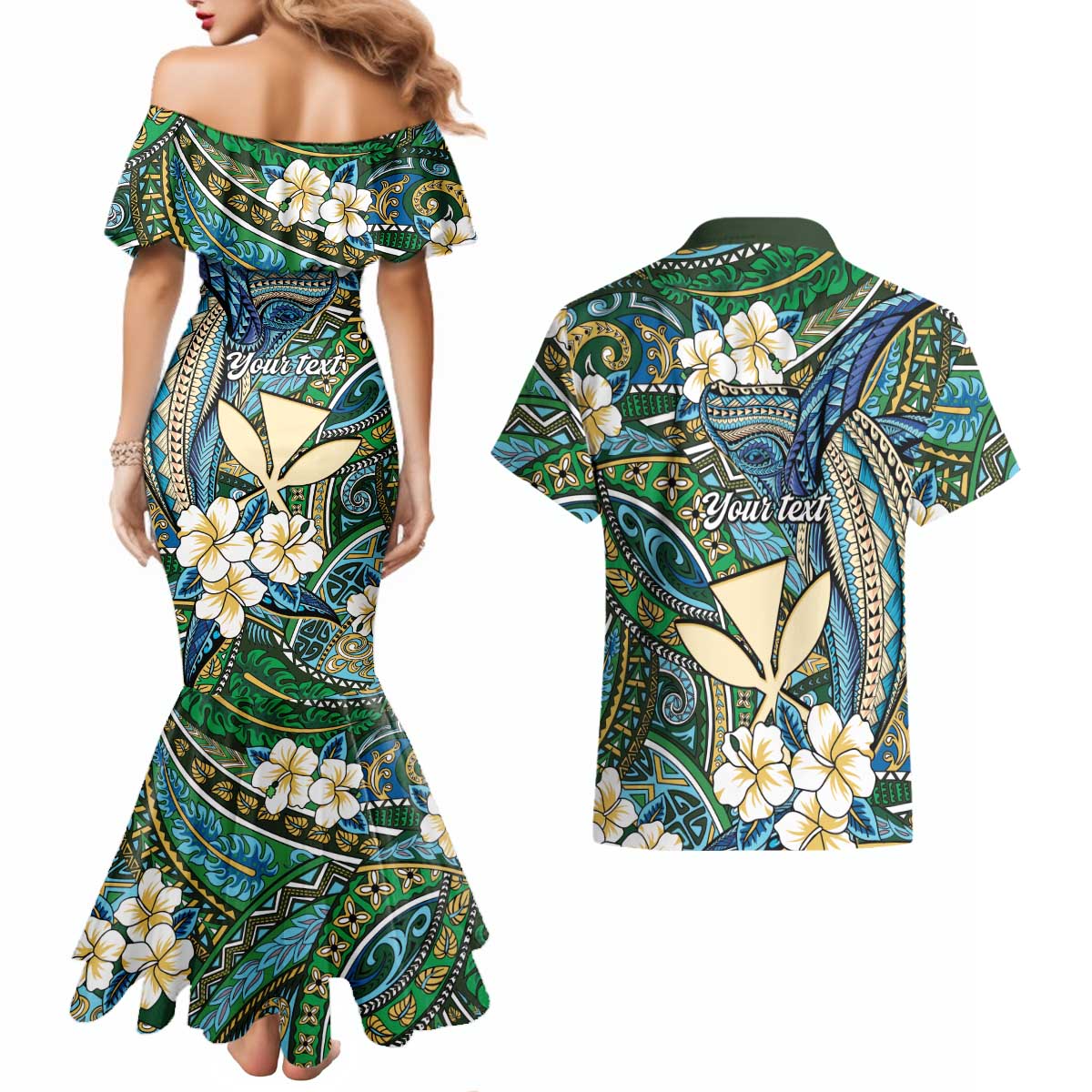 Personalised Hawaii Tribal Humpback Whale Couples Matching Mermaid Dress and Hawaiian Shirt Omaomao Hibiscus Seamless Pattern
