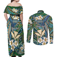 Personalised Hawaii Tribal Humpback Whale Couples Matching Off Shoulder Maxi Dress and Long Sleeve Button Shirt Omaomao Hibiscus Seamless Pattern