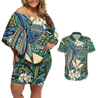 Personalised Hawaii Tribal Humpback Whale Couples Matching Off Shoulder Short Dress and Hawaiian Shirt Omaomao Hibiscus Seamless Pattern LT9 Green - Polynesian Pride