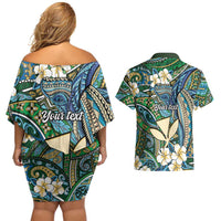 Personalised Hawaii Tribal Humpback Whale Couples Matching Off Shoulder Short Dress and Hawaiian Shirt Omaomao Hibiscus Seamless Pattern LT9 - Polynesian Pride