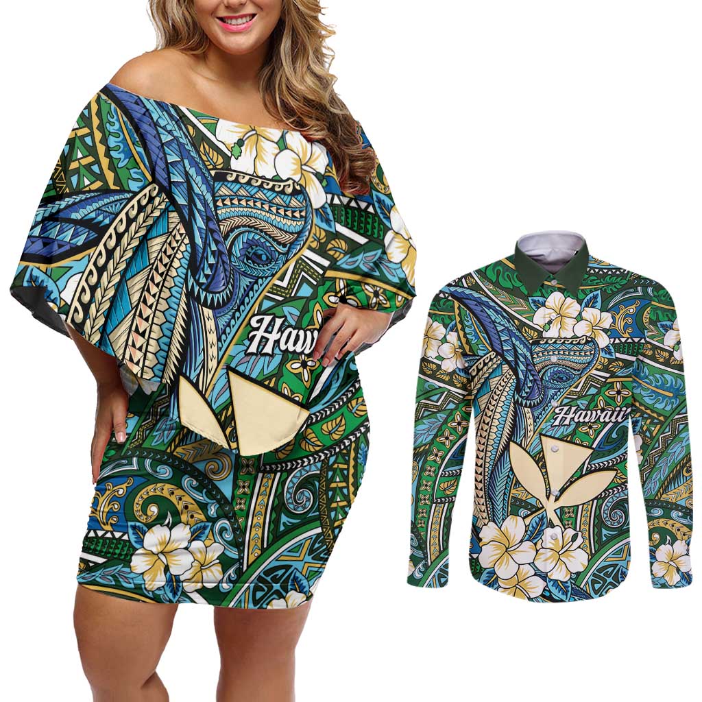 Personalised Hawaii Tribal Humpback Whale Couples Matching Off Shoulder Short Dress and Long Sleeve Button Shirt Omaomao Hibiscus Seamless Pattern LT9 Green - Polynesian Pride
