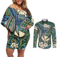 Personalised Hawaii Tribal Humpback Whale Couples Matching Off Shoulder Short Dress and Long Sleeve Button Shirt Omaomao Hibiscus Seamless Pattern LT9 Green - Polynesian Pride