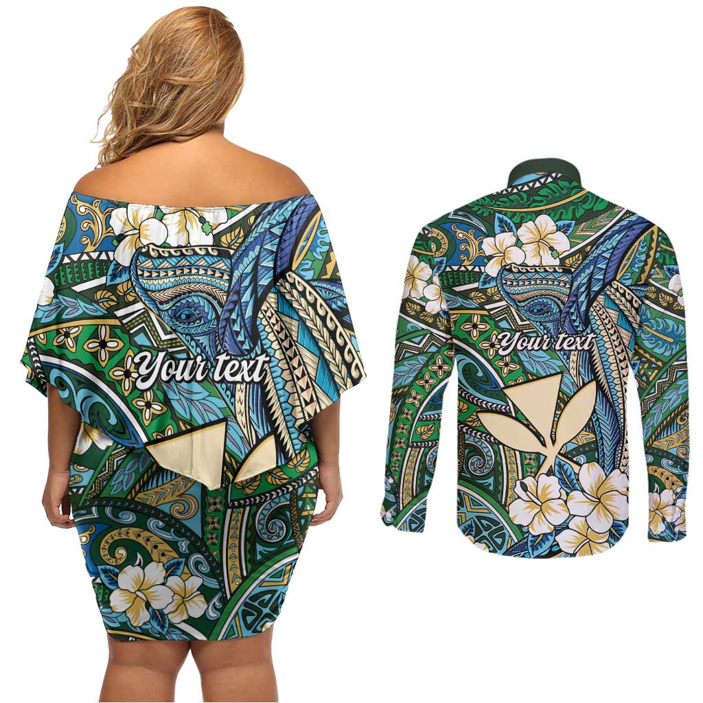 Personalised Hawaii Tribal Humpback Whale Couples Matching Off Shoulder Short Dress and Long Sleeve Button Shirt Omaomao Hibiscus Seamless Pattern LT9 - Polynesian Pride