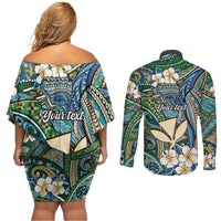 Personalised Hawaii Tribal Humpback Whale Couples Matching Off Shoulder Short Dress and Long Sleeve Button Shirt Omaomao Hibiscus Seamless Pattern LT9 - Polynesian Pride
