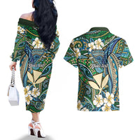 Personalised Hawaii Tribal Humpback Whale Couples Matching Off The Shoulder Long Sleeve Dress and Hawaiian Shirt Omaomao Hibiscus Seamless Pattern