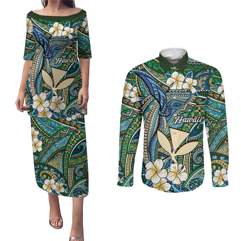 Personalised Hawaii Tribal Humpback Whale Couples Matching Puletasi and Long Sleeve Button Shirt Omaomao Hibiscus Seamless Pattern