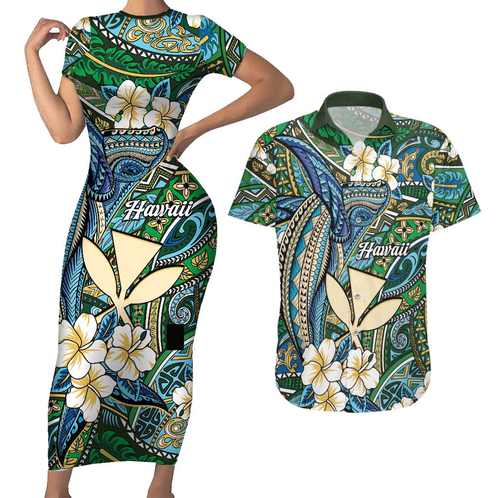 Personalised Hawaii Tribal Humpback Whale Couples Matching Short Sleeve Bodycon Dress and Hawaiian Shirt Omaomao Hibiscus Seamless Pattern