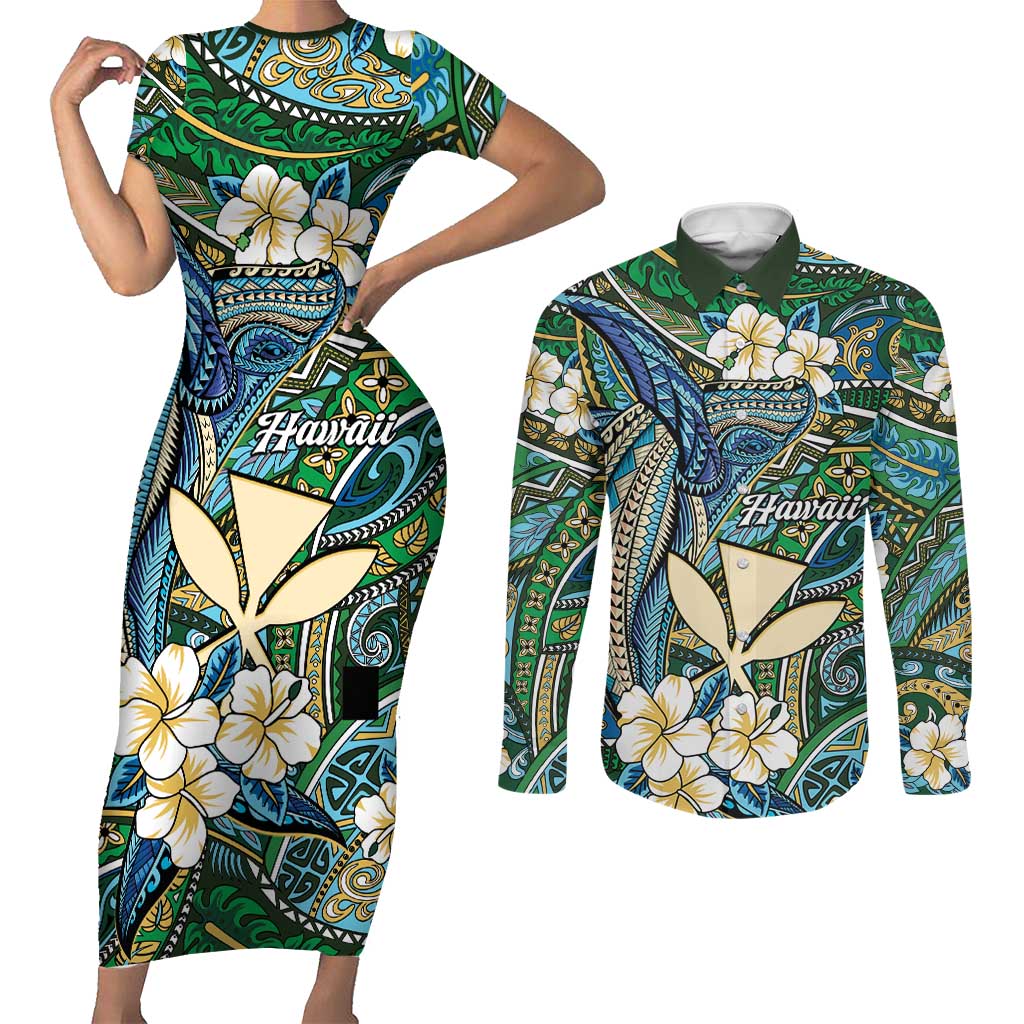 Personalised Hawaii Tribal Humpback Whale Couples Matching Short Sleeve Bodycon Dress and Long Sleeve Button Shirt Omaomao Hibiscus Seamless Pattern