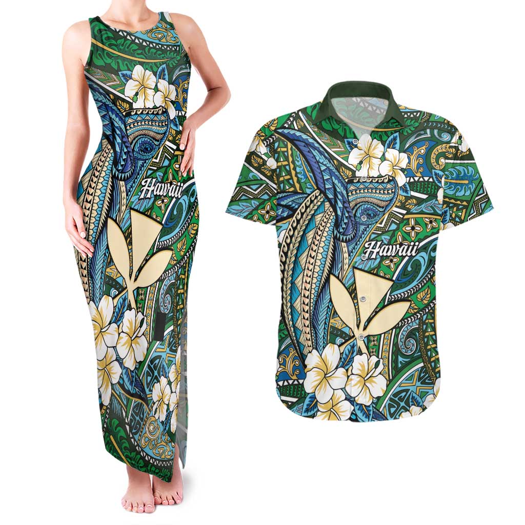 Personalised Hawaii Tribal Humpback Whale Couples Matching Tank Maxi Dress and Hawaiian Shirt Omaomao Hibiscus Seamless Pattern