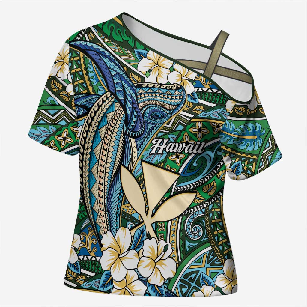 Personalised Hawaii Tribal Humpback Whale Cross Shoulder Shirt Omaomao Hibiscus Seamless Pattern