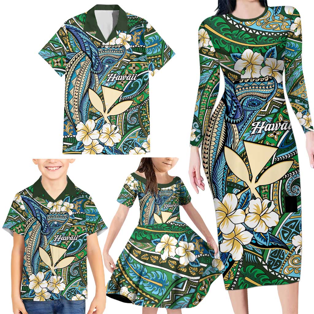 Personalised Hawaii Tribal Humpback Whale Family Matching Long Sleeve Bodycon Dress and Hawaiian Shirt Omaomao Hibiscus Seamless Pattern LT9 - Polynesian Pride