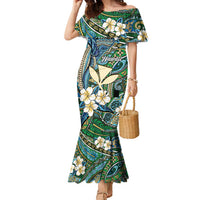 Personalised Hawaii Tribal Humpback Whale Family Matching Mermaid Dress and Hawaiian Shirt Omaomao Hibiscus Seamless Pattern LT9 Mom's Dress Green - Polynesian Pride