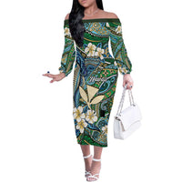 Personalised Hawaii Tribal Humpback Whale Family Matching Off The Shoulder Long Sleeve Dress and Hawaiian Shirt Omaomao Hibiscus Seamless Pattern LT9 Mom's Dress Green - Polynesian Pride