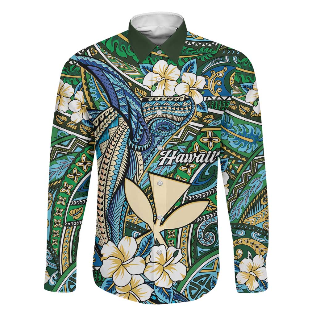 Personalised Hawaii Tribal Humpback Whale Family Matching Off Shoulder Short Dress and Hawaiian Shirt Omaomao Hibiscus Seamless Pattern LT9 Dad's Shirt - Long Sleeve Green - Polynesian Pride