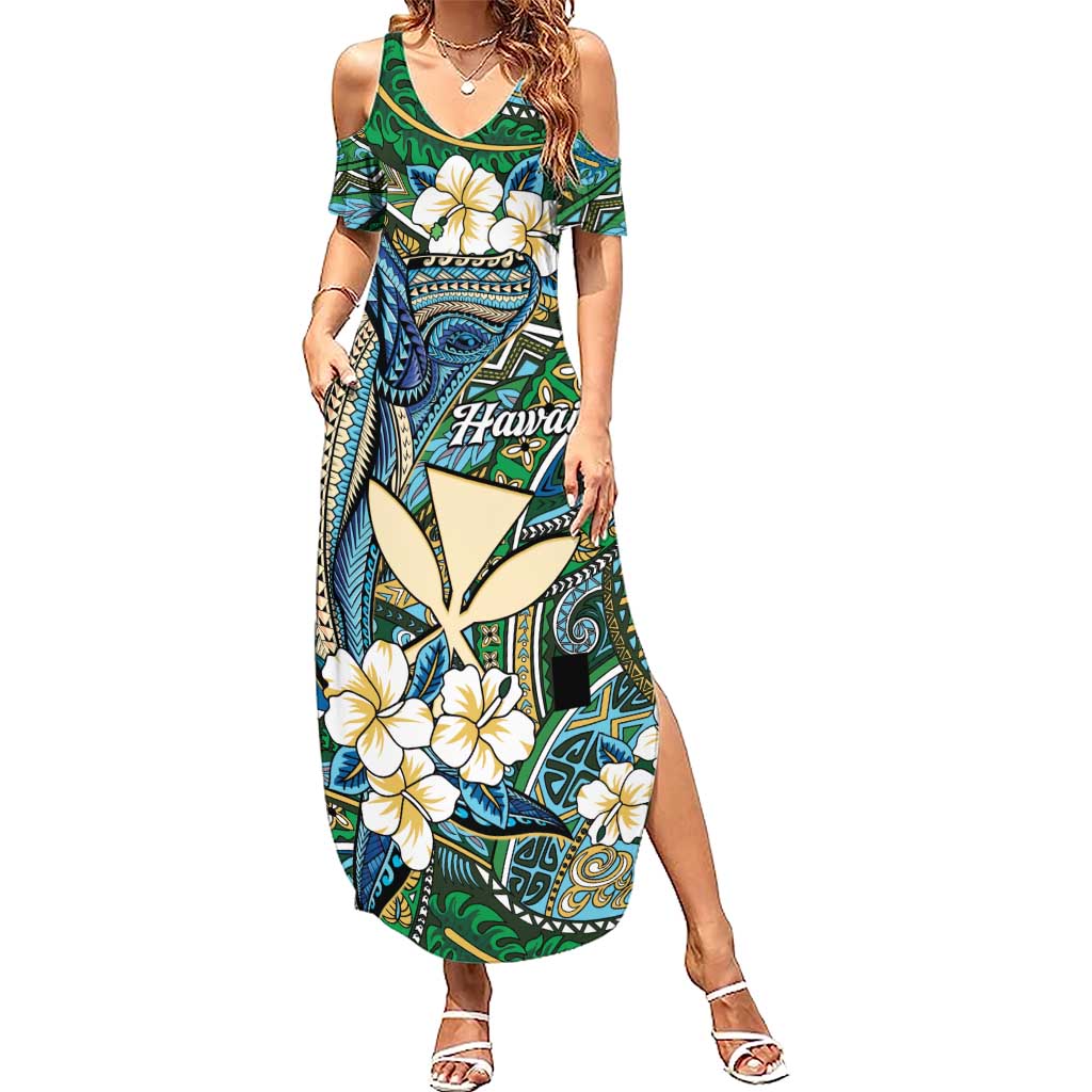 Personalised Hawaii Tribal Humpback Whale Family Matching Summer Maxi Dress and Hawaiian Shirt Omaomao Hibiscus Seamless Pattern LT9 Mom's Dress Green - Polynesian Pride