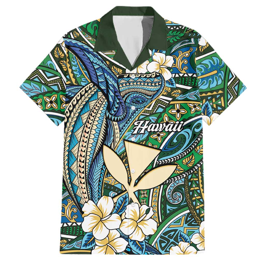 Personalised Hawaii Tribal Humpback Whale Family Matching Tank Maxi Dress and Hawaiian Shirt Omaomao Hibiscus Seamless Pattern LT9 Dad's Shirt - Short Sleeve Green - Polynesian Pride