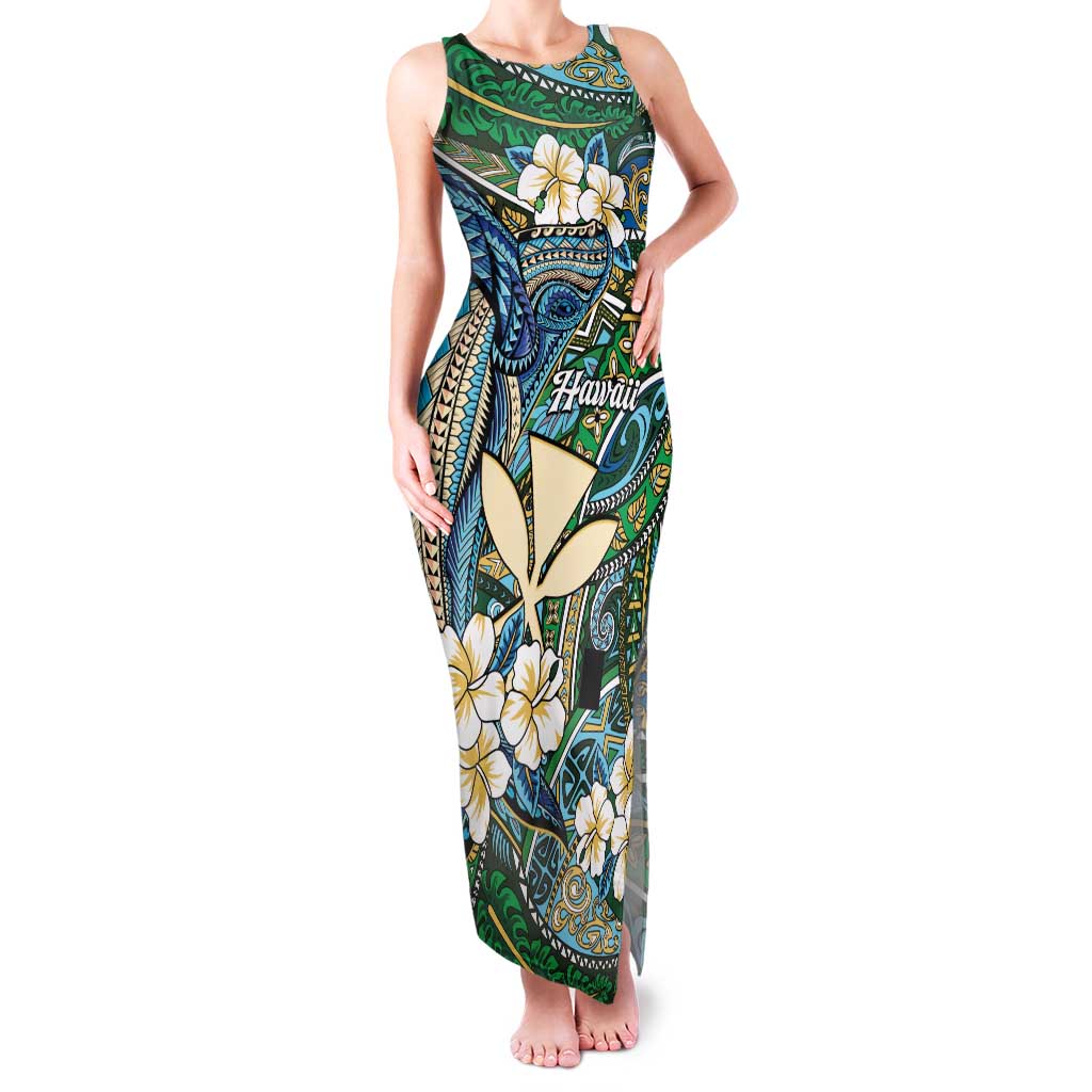Personalised Hawaii Tribal Humpback Whale Family Matching Tank Maxi Dress and Hawaiian Shirt Omaomao Hibiscus Seamless Pattern LT9 Mom's Dress Green - Polynesian Pride