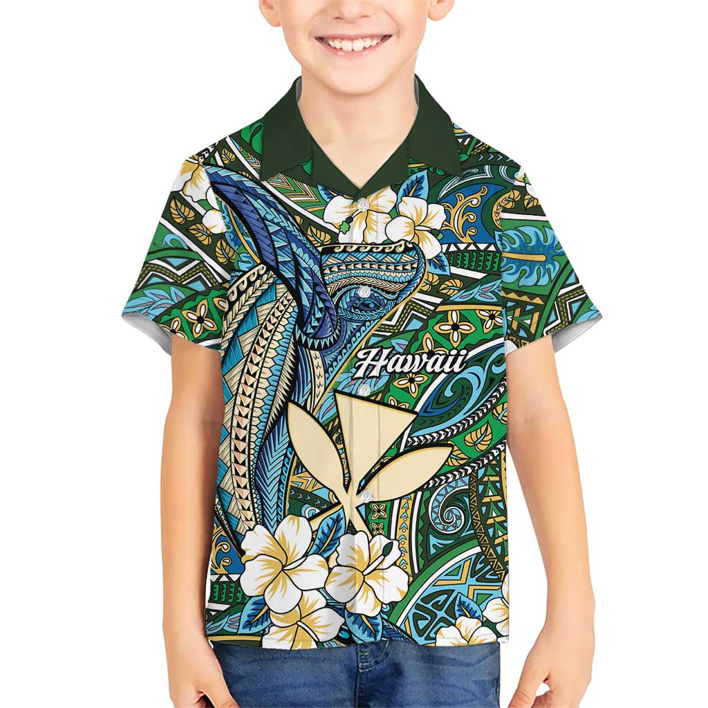 Personalised Hawaii Tribal Humpback Whale Family Matching Tank Maxi Dress and Hawaiian Shirt Omaomao Hibiscus Seamless Pattern LT9 Son's Shirt Green - Polynesian Pride