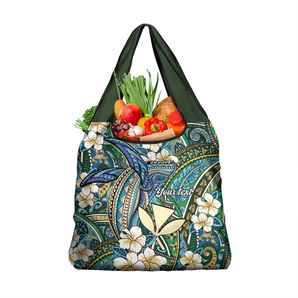Personalised Hawaii Tribal Humpback Whale Grocery Bag Omaomao Hibiscus Seamless Pattern