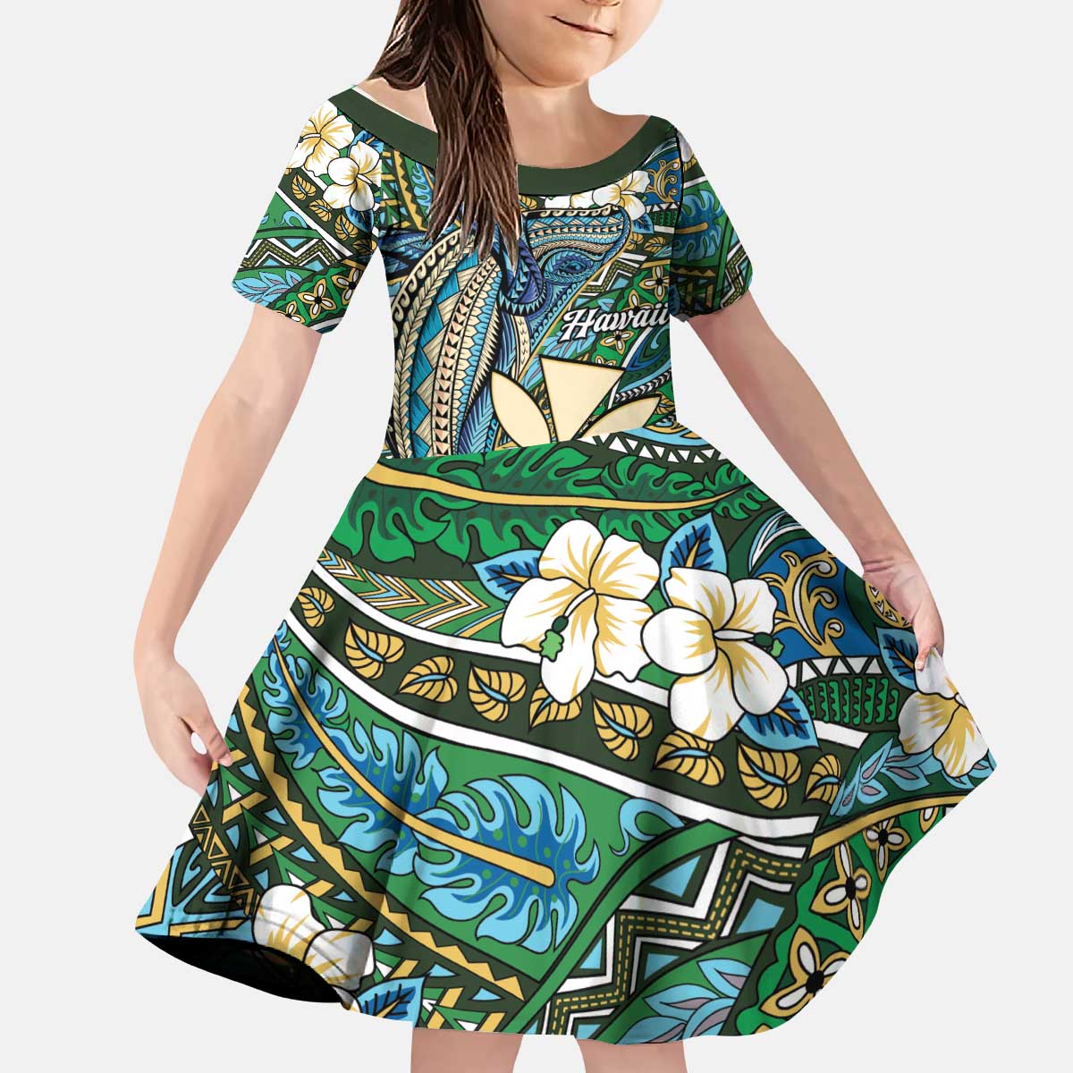 Personalised Hawaii Tribal Humpback Whale Kid Short Sleeve Dress Omaomao Hibiscus Seamless Pattern