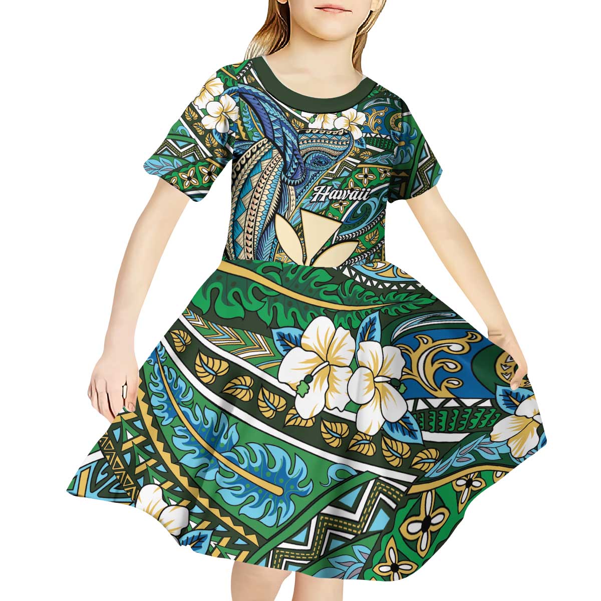 Personalised Hawaii Tribal Humpback Whale Kid Short Sleeve Dress Omaomao Hibiscus Seamless Pattern