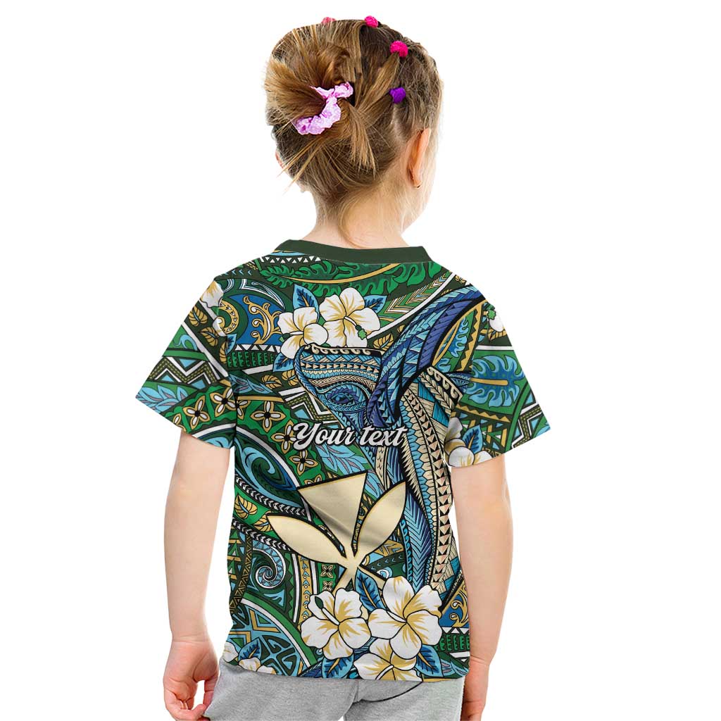 Personalised Hawaii Tribal Humpback Whale Kid T Shirt Omaomao Hibiscus Seamless Pattern