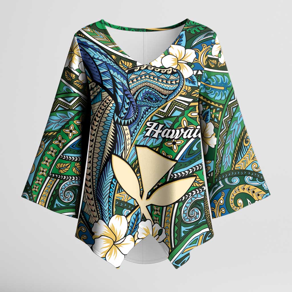 Personalised Hawaii Tribal Humpback Whale Kimono Sleeve Blouse Omaomao Hibiscus Seamless Pattern