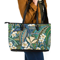 Personalised Hawaii Tribal Humpback Whale Leather Tote Bag Omaomao Hibiscus Seamless Pattern