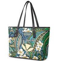 Personalised Hawaii Tribal Humpback Whale Leather Tote Bag Omaomao Hibiscus Seamless Pattern
