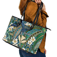 Personalised Hawaii Tribal Humpback Whale Leather Tote Bag Omaomao Hibiscus Seamless Pattern