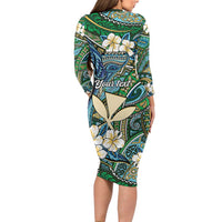 Personalised Hawaii Tribal Humpback Whale Long Sleeve Bodycon Dress Omaomao Hibiscus Seamless Pattern