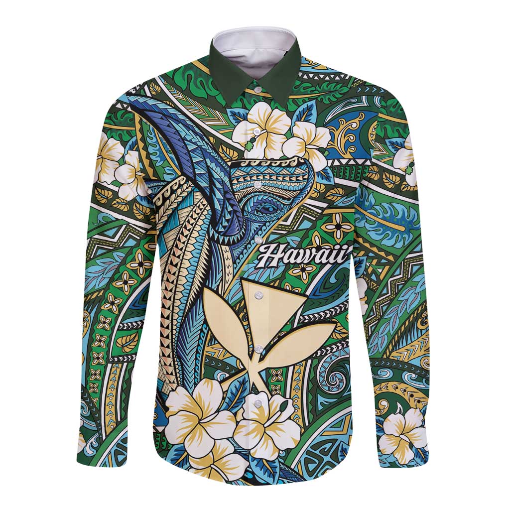Personalised Hawaii Tribal Humpback Whale Long Sleeve Button Shirt Omaomao Hibiscus Seamless Pattern