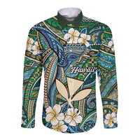 Personalised Hawaii Tribal Humpback Whale Long Sleeve Button Shirt Omaomao Hibiscus Seamless Pattern