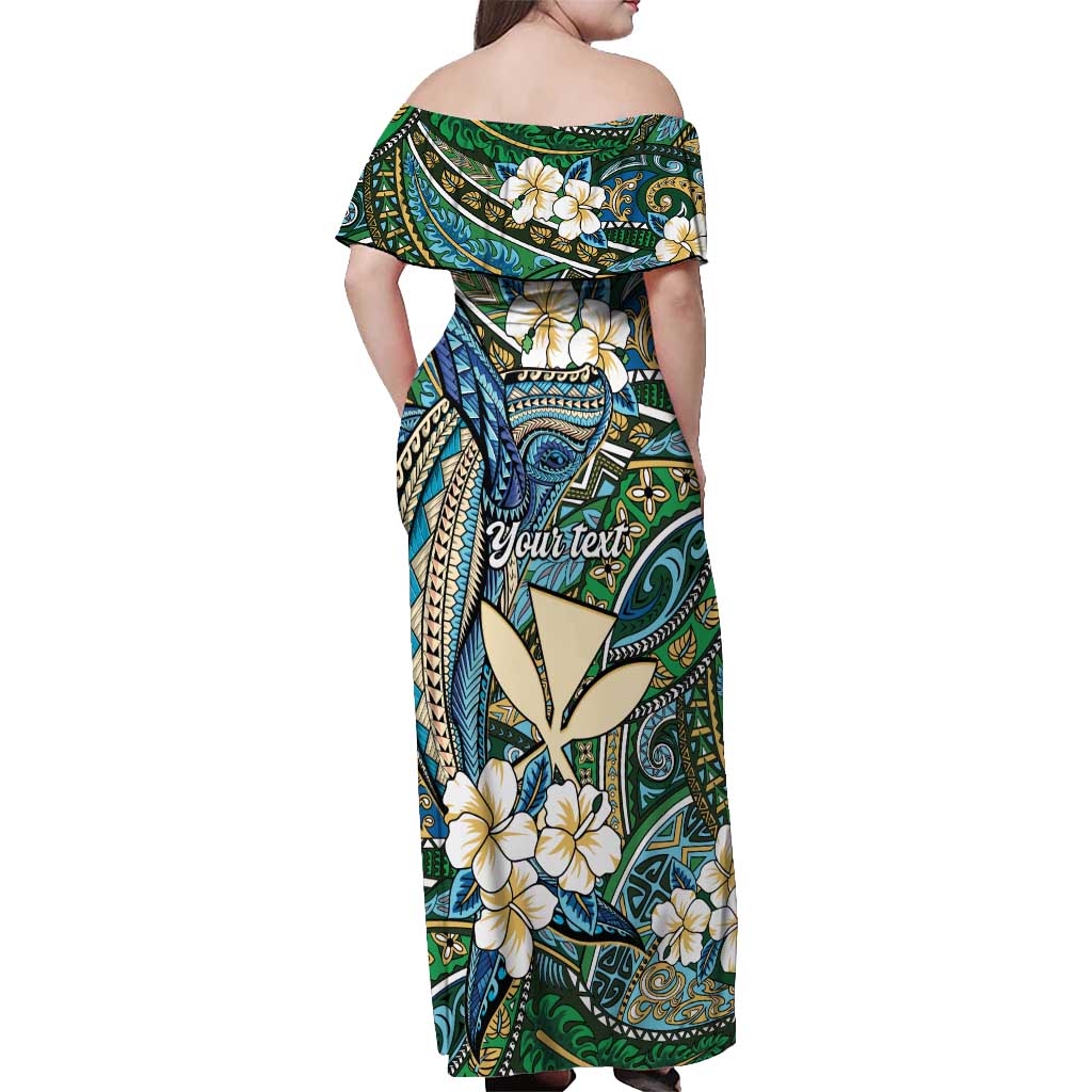 Personalised Hawaii Tribal Humpback Whale Off Shoulder Maxi Dress Omaomao Hibiscus Seamless Pattern