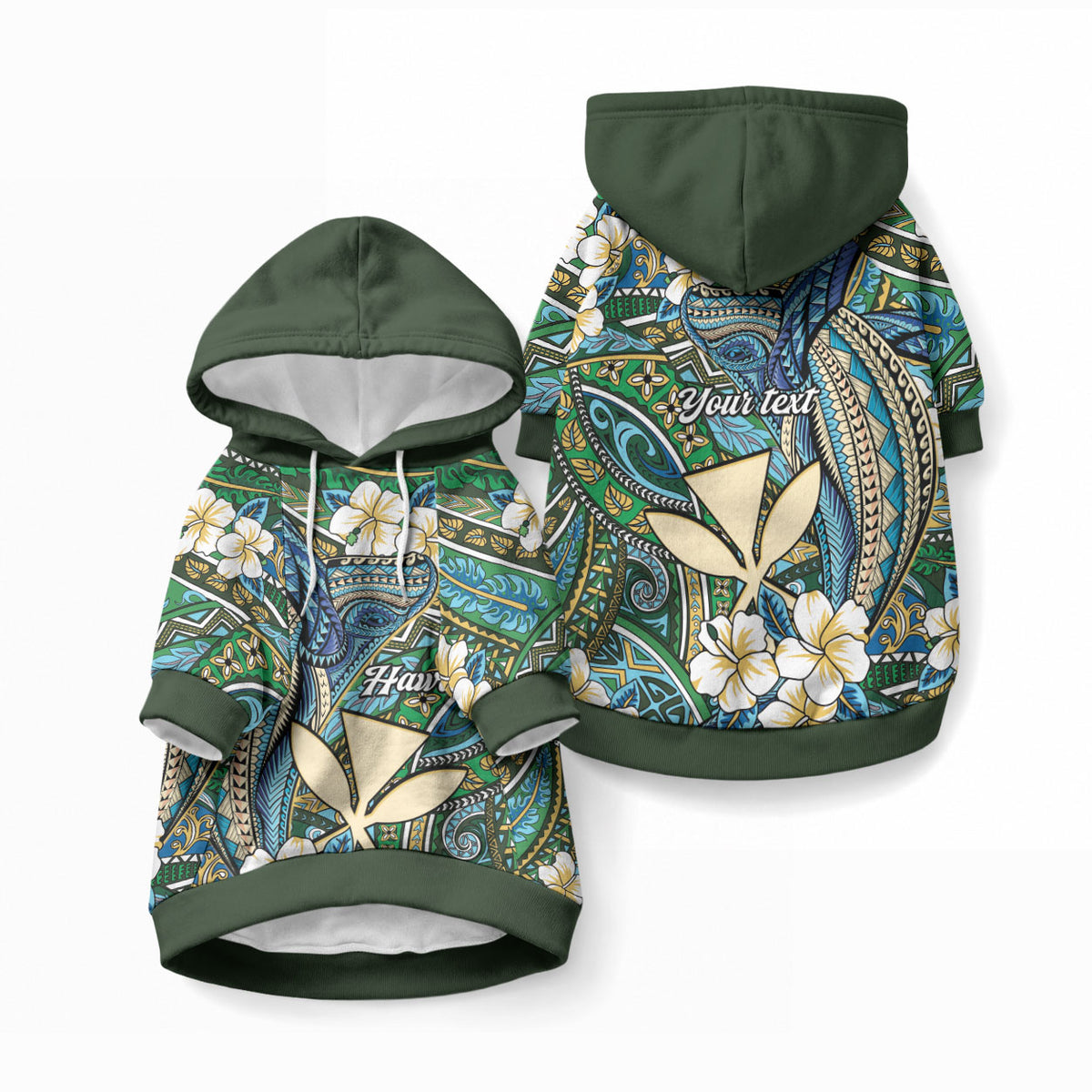 Personalised Hawaii Tribal Humpback Whale Pet Hoodie Omaomao Hibiscus Seamless Pattern LT9 Pullover Blue - Polynesian Pride