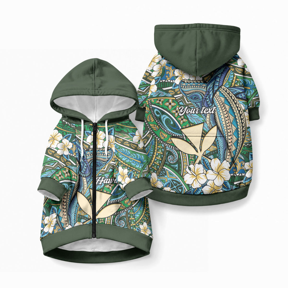 Personalised Hawaii Tribal Humpback Whale Pet Hoodie Omaomao Hibiscus Seamless Pattern LT9 Zip-up Blue - Polynesian Pride