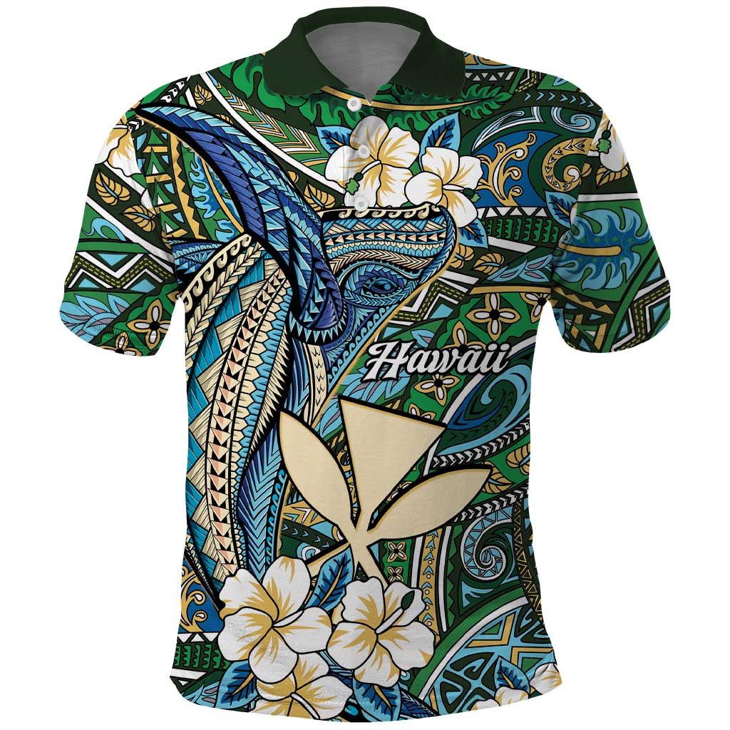 Personalised Hawaii Tribal Humpback Whale Polo Shirt Omaomao Hibiscus Seamless Pattern
