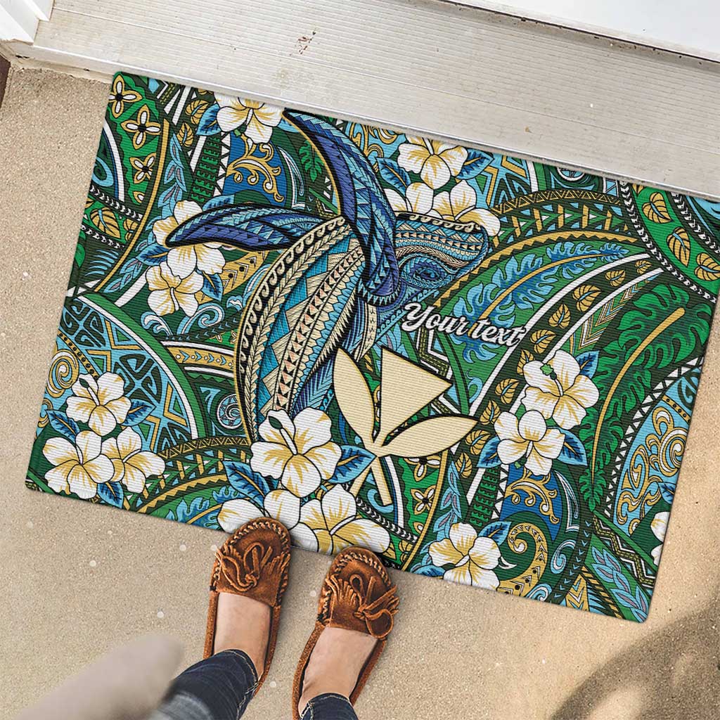 Personalised Hawaii Tribal Humpback Whale Rubber Doormat Omaomao Hibiscus Seamless Pattern
