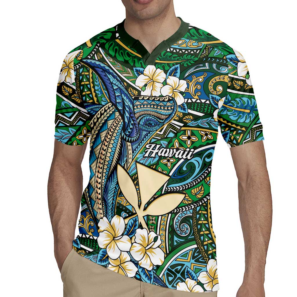 Personalised Hawaii Tribal Humpback Whale Rugby Jersey Omaomao Hibiscus Seamless Pattern