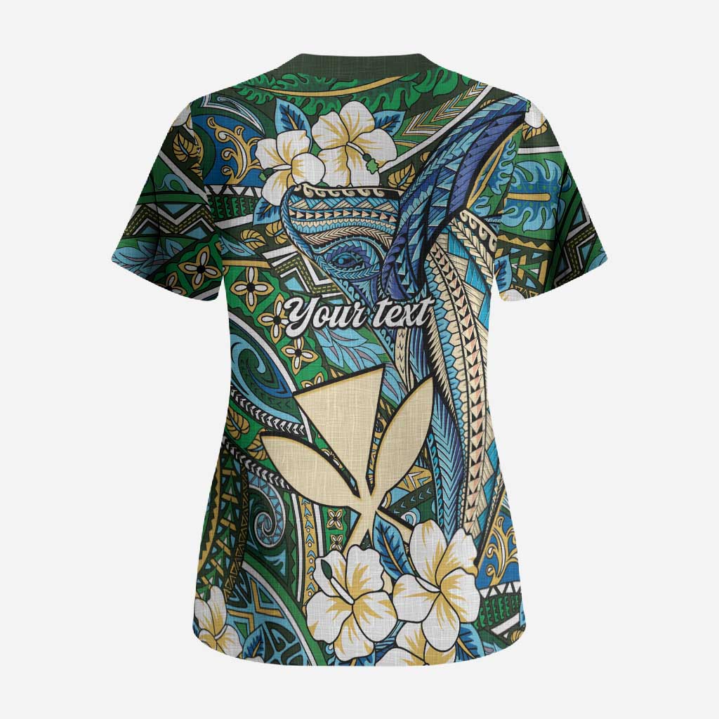 Personalised Hawaii Tribal Humpback Whale Scrub Top Omaomao Hibiscus Seamless Pattern